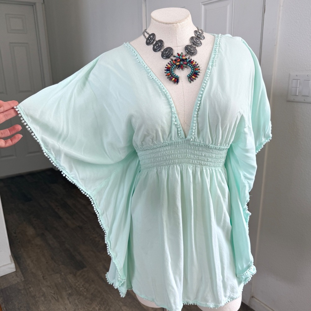 Victoria's Secret Pom Pom Trim Open Back Kaftan Top XS Mint Green Y2K 2000s